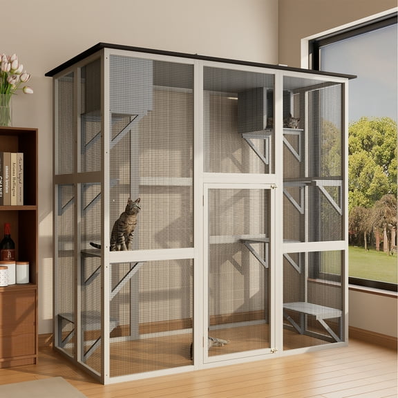 Zephypaws 71 in Large Wood Catio Outdoor Cat Enclosure with Perches and Condos,Cat House Indoor with Waterproof Roof,Cat Shelter with 6 Platforms & 2 Resting Box,Gray