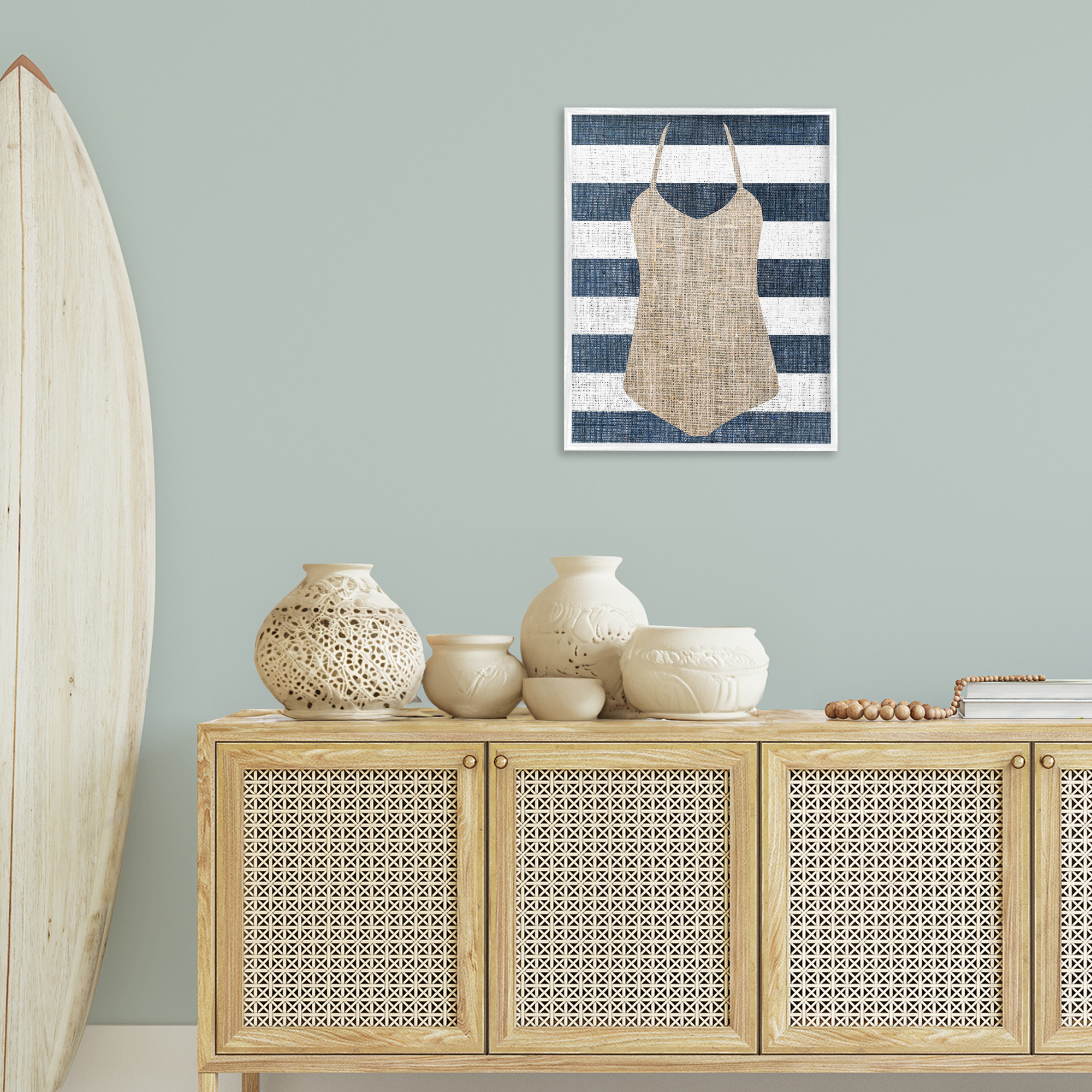 Stupell Industries Swimsuit on Stripes Beauty & Fashion Painting White Framed Art Print Wall Art, 24 x 30