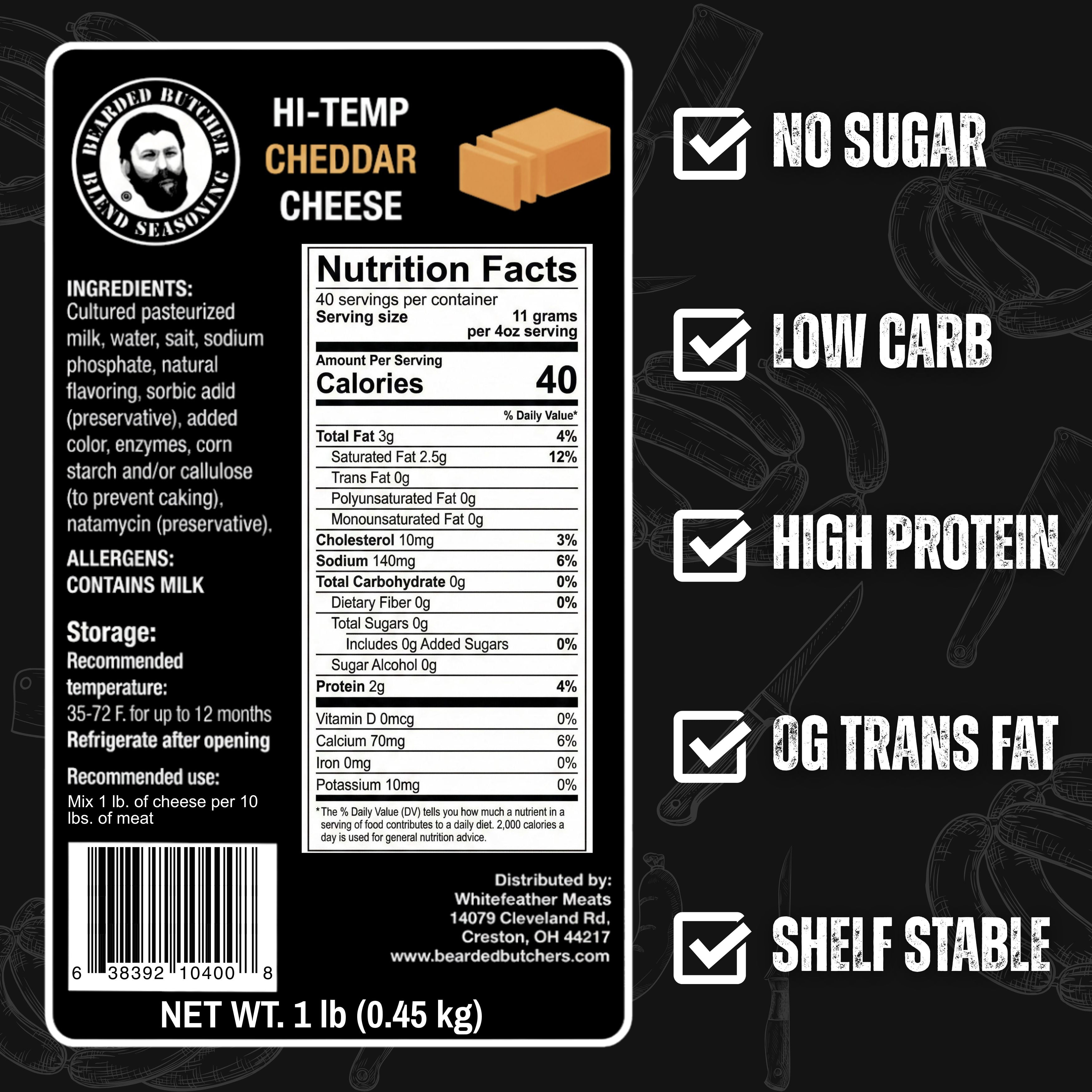 The Bearded Butchers High-Temp Cheddar Cheese, 1 lb Bag, 1/4-inch Cubes, Shelf-Stable, 400°F High Temp, for Sausage, Brats, Snack Sticks, Burgers