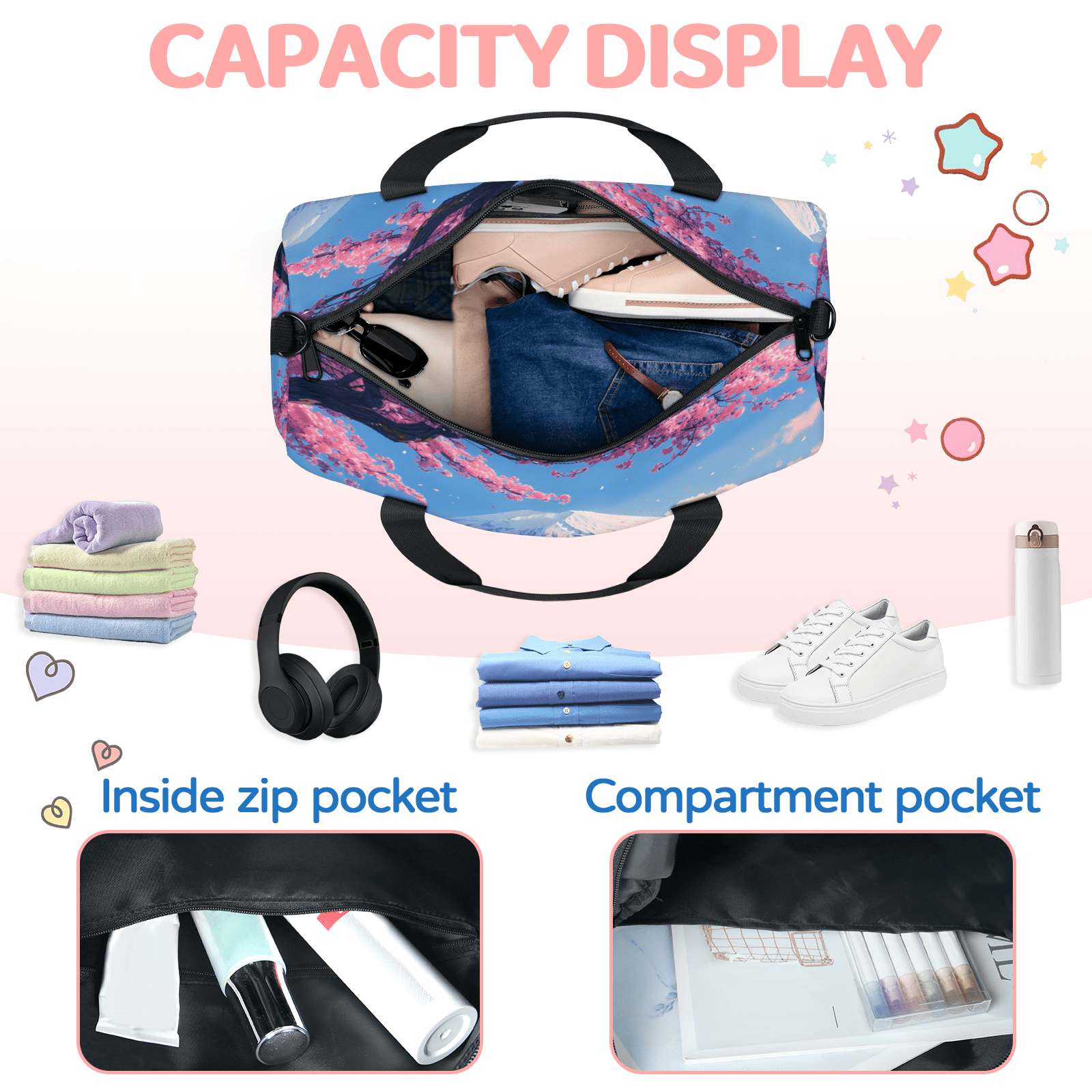 Herdesigns Asian Japanese Travel Duffle Bag Sports Yoga Weekender Overnight Carry on Workout Bags Lightweight Waterproof Gym Tote Bag for Women Cherry Blossom Mount Fuji
