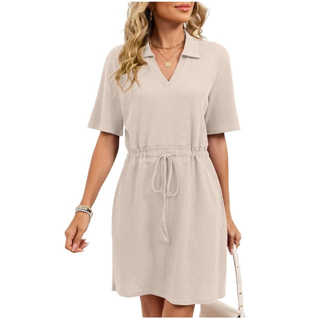 Camisetas de Manga Corta Casual de las Mujeres Color Sólido Cuello Turndown Casa Pijamas Cortos para Noches Especiales