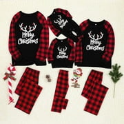 Matching Family Pajamas Sets Christmas PJ's with Letter Printed Long Sleeve Tee and Red Plaid Pants Loungewear