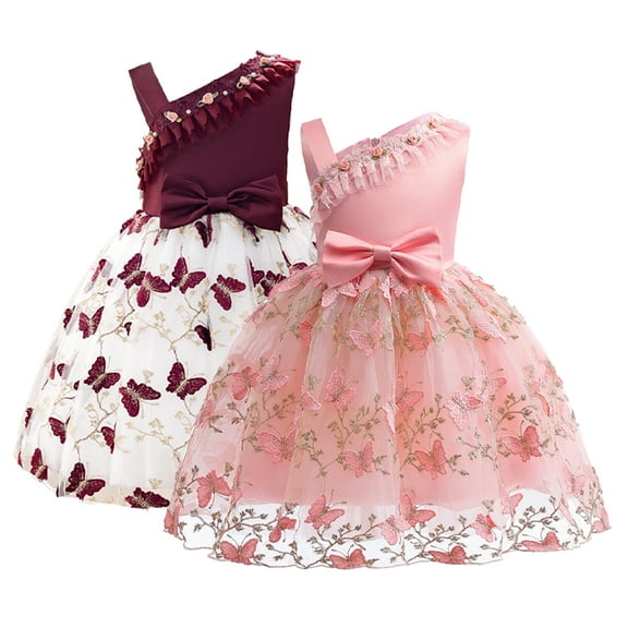 LYMAYTER Baby Kids Girls Sweet Princess Dresses Toddler Tulle One Shoulder Tutu Girls Printed Party Gown for 2-10 Years