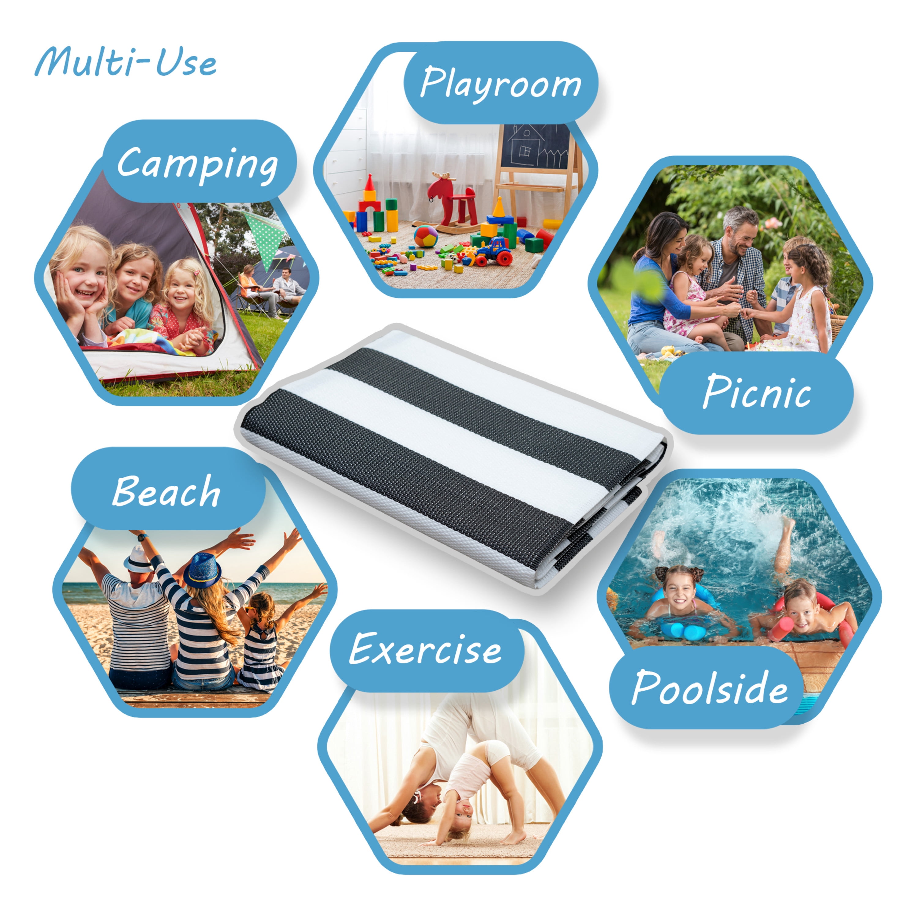 Luna Contemporary Stripe Black and White Polypropylene Reversible Plastic Straw Outdoor Area Rug, 5' x 6'11'' Rectangle
