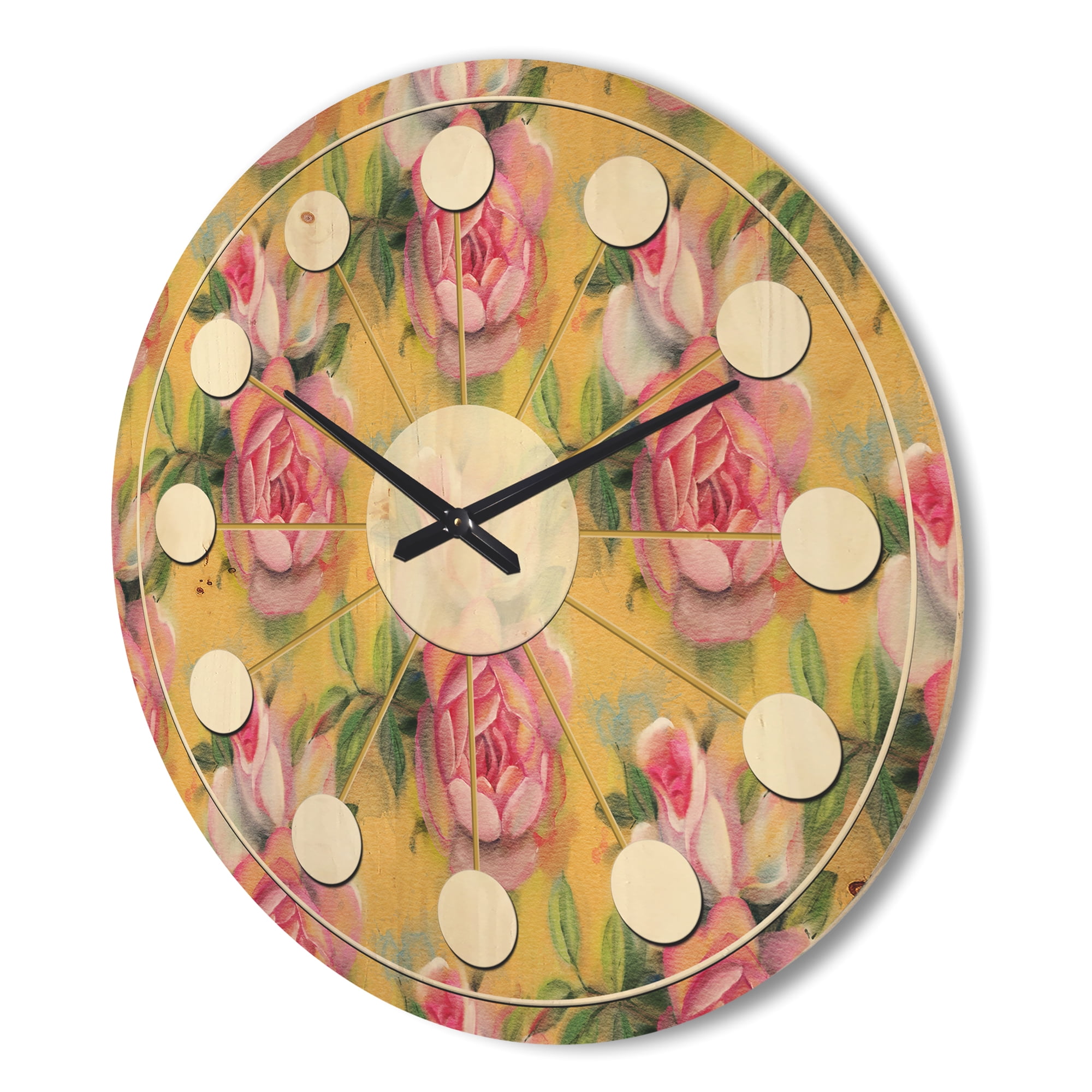 Designart 'Watercolor Pink Roses' Mid-Century Modern Wood Wall Clock