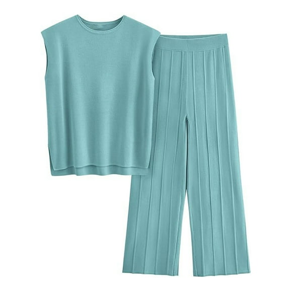 Lounge Sets for Women Two Piece Outfits Knit Cap Sleeve Tops Wide Leg Pleated Pants Casual Dressy Sweater Sets
