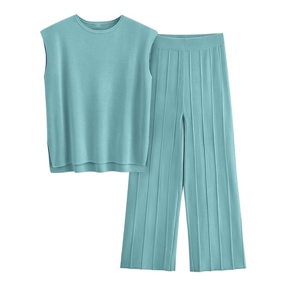 Women's Knit Sets, Sleeveless Top And Long Pants Lounge Set, Casual Co Ord Outfit For Home And Daily Wear