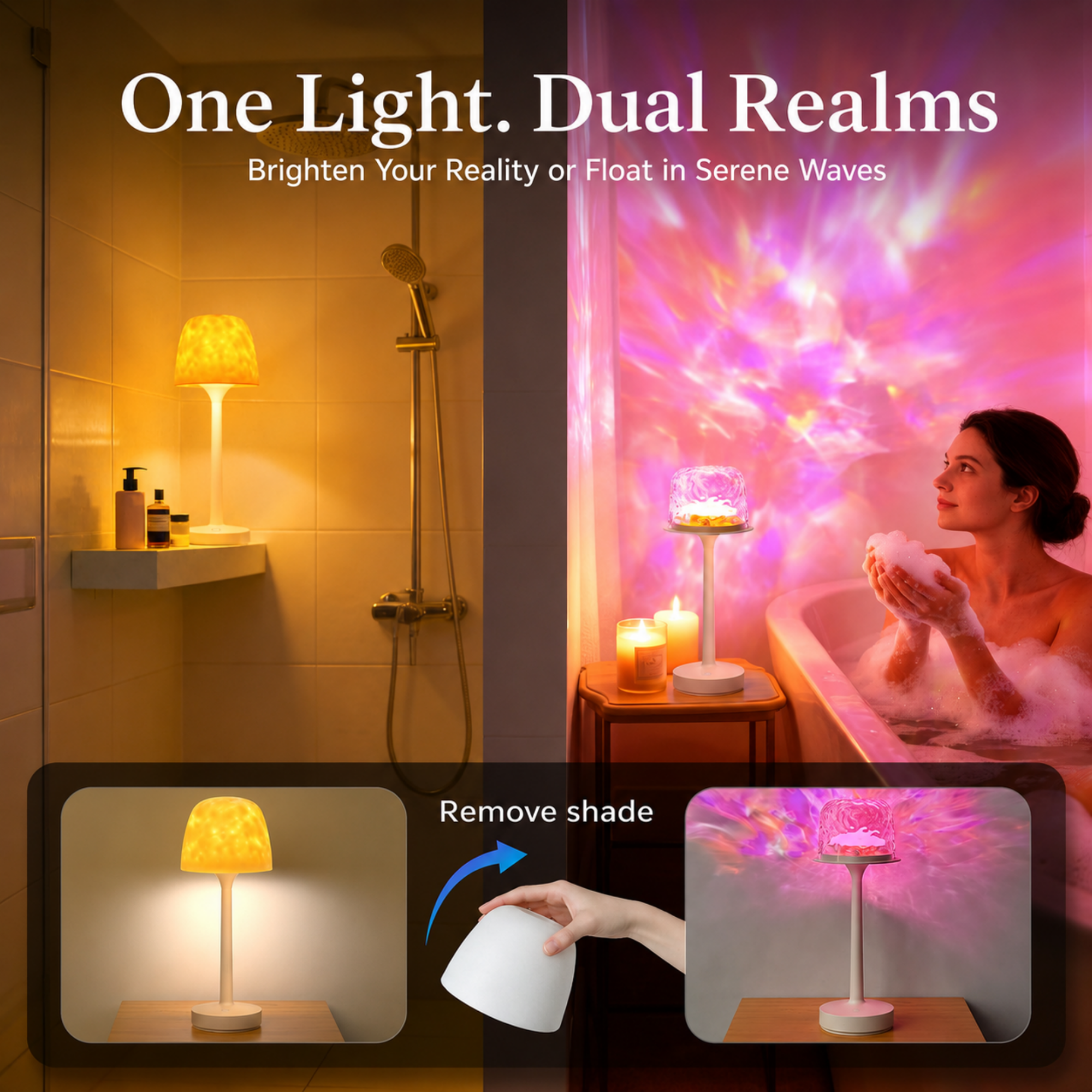 MEHOOM 16 Color Ocean Wave Shower Lamp, Waterproof Table Lamp with Projector, Rechargeable Small Lamp with Touch & Remote Control, Cordless Lamp for bedroom Bathroom