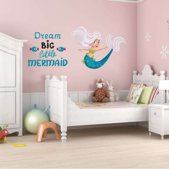 Dream Big Little Mermaid Teal Colorful Fish Salt Water Princess Creatures Seahorse Queen Sweet Dreams Bedtime Unicorn Lovely Dear Dream Decorating Wall Decal Sticker - Size: 10 In X 4 In