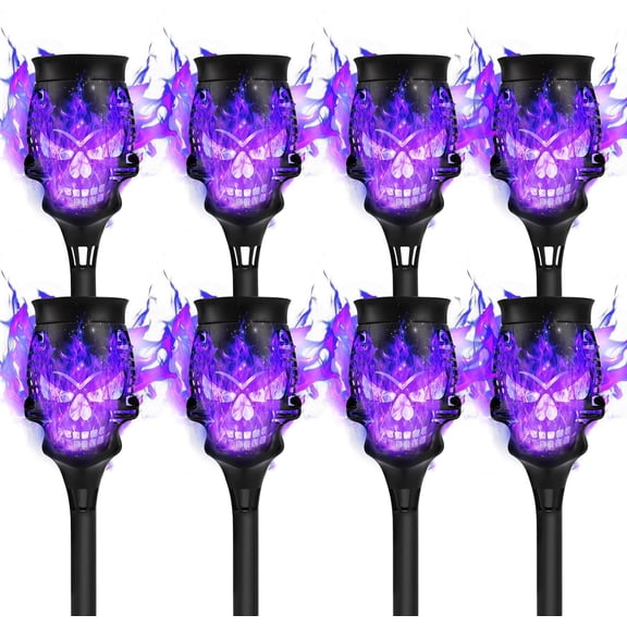Spooky Skulls Solar Torch Lights - 8-Pack Flickering Flame Torches for Enchanting, Waterproof Outdoor Solar Powered Lighting, for Pathways, Garden, Yard, Halloween Decor, Black Purple-Lights