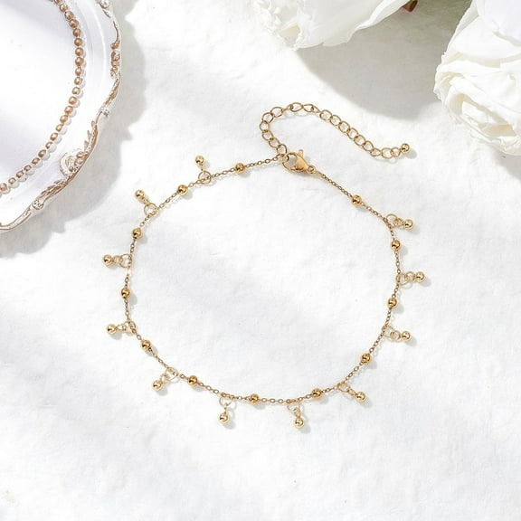 304 Stainless Steel Satellite Chains Anklets Round Ball Charm Anklets for Women Real 18K golden Plated 9-1/8 inch(230mm)