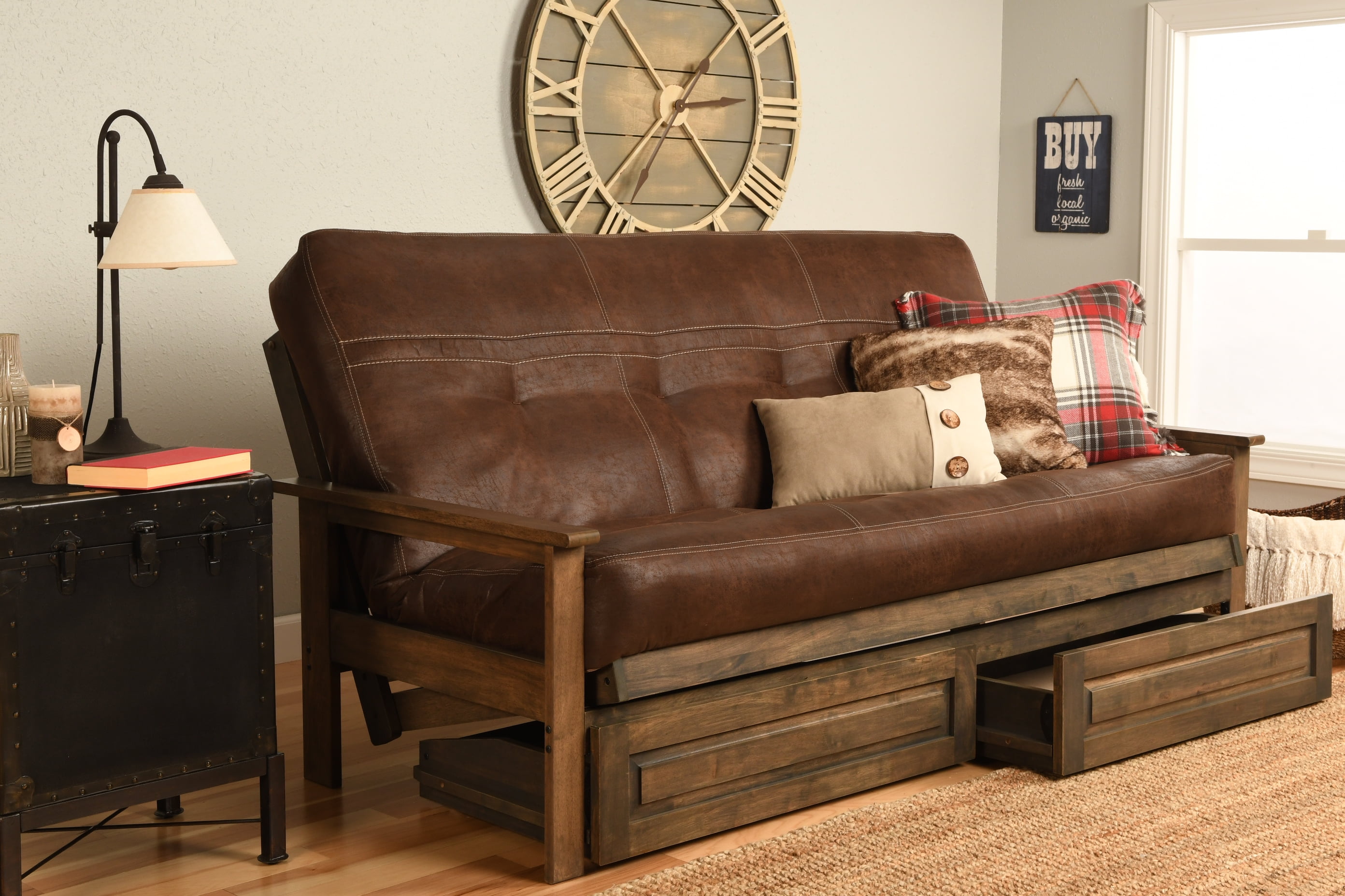 Albany Futon with storage in Rustic Walnut Finish, Multiple Colors