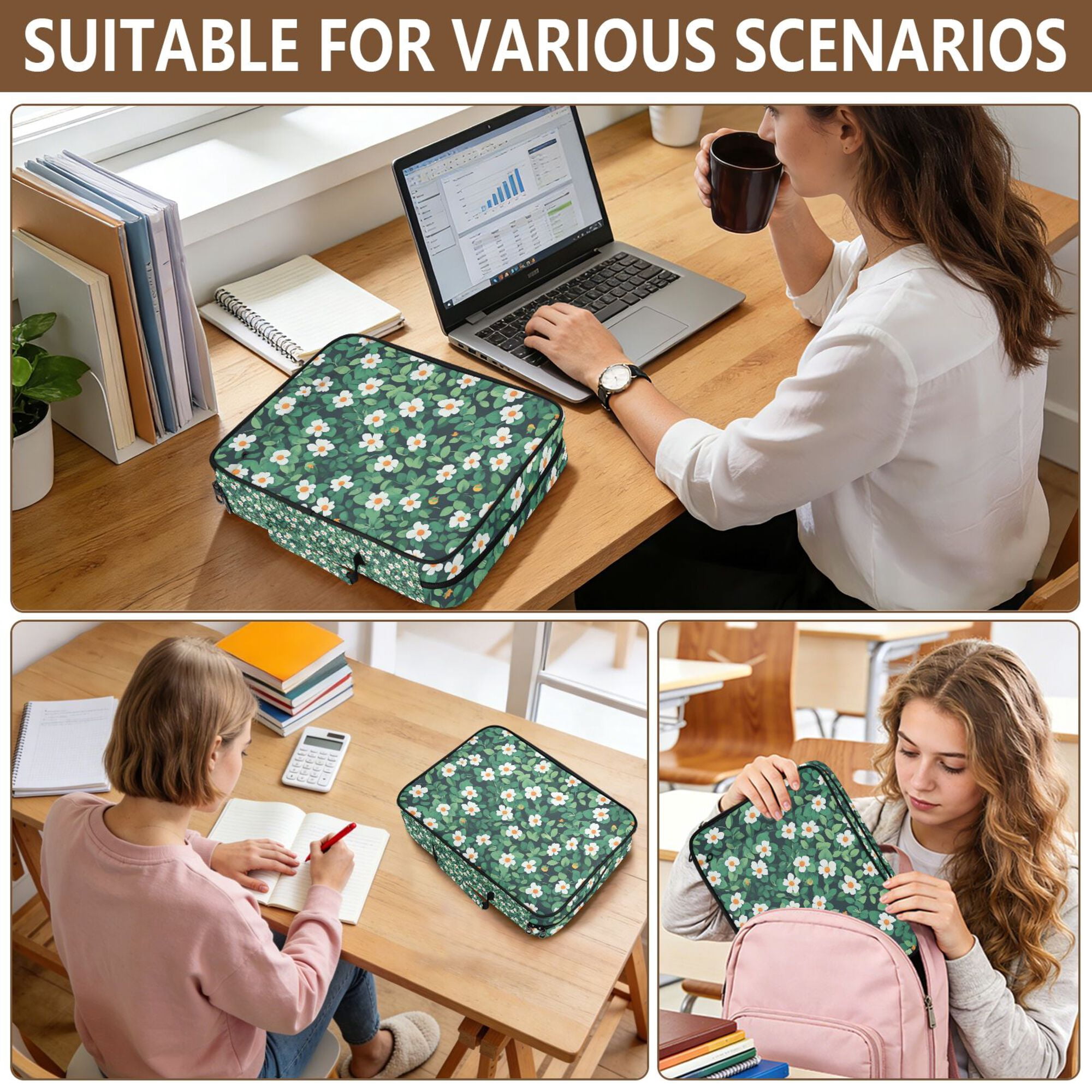 FORMRS Accordion File Folder A4 Size 7-Pocket Expanding Document Organizer Bag with 3 Ring Binder, Small White Flowers