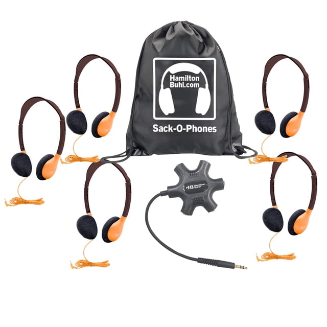 HamiltonBuhl Galaxy Econo-Line de Sack-O-Phones con 5 auriculares naranjas de tamaño personal, caja de conexión Starfish y bolsa de transporte