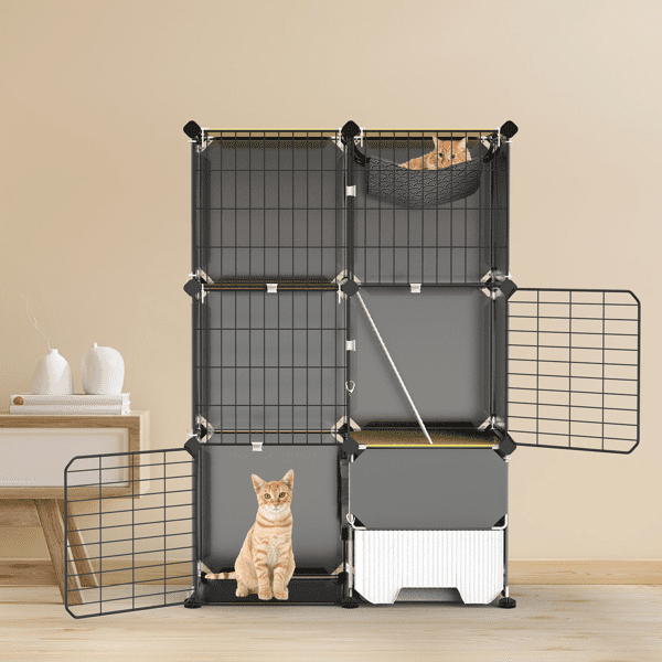 3‑Tier Multi‑Space Cat Enclosure Cage, Indoor Cat Play House with Litter Box Drawer, Reversible Hammock for Kittens, Rabbits, Chinchillas and Small Pets
