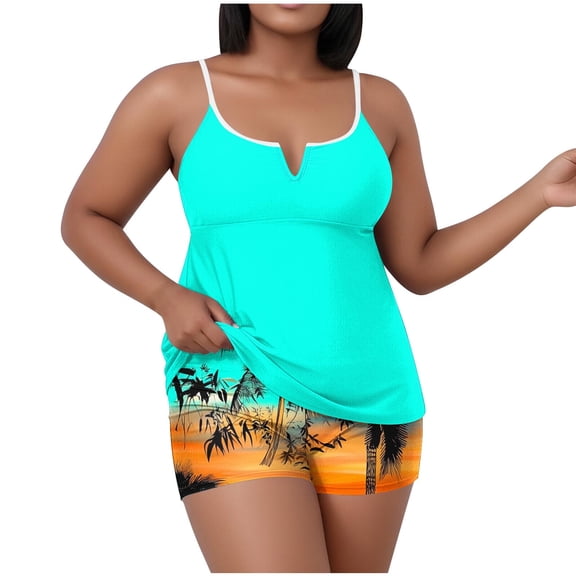 asdoklhq Plus Size Bathing Suit for Tankini Bathing Suits Split Body Women's Oversized Casual Solid Color Split Tank Top with Chest Cushion Swimsuit Set Sky Blue 2X