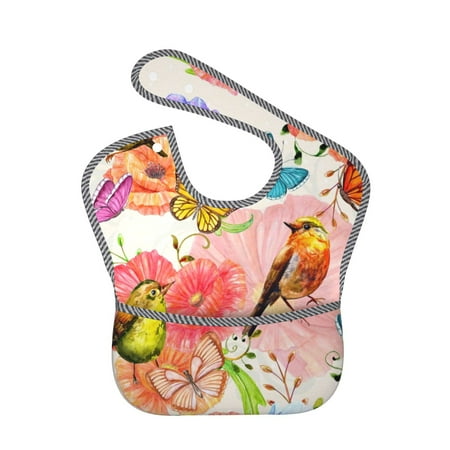 Bingfone Mess-Proof Baby Bib - Waterproof Bib For Baby Boy Or Girl With Food Catcher Pocket, Unisex-Flowers And Birds Watercolor