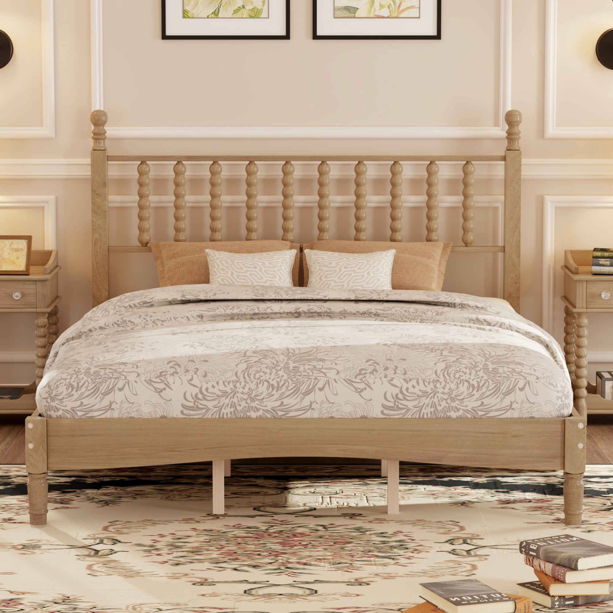 Aukfa Queen Size Bed Frame with Gourd Shaped Headboard, Wood Platform Bed, Oak