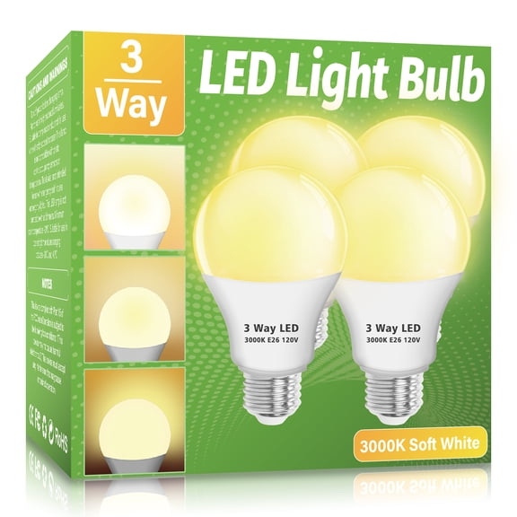Wiyifada 3-Way LED Light Bulbs, 9W (100W Equivalent) Soft White A19 Light Bulbs, 4 Pack