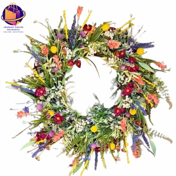 Spring Artificial Flower Wreath Wildflower Floral Summer Garland for Front Door Home Wall Wedding Party Farmhouse Holiday Decor