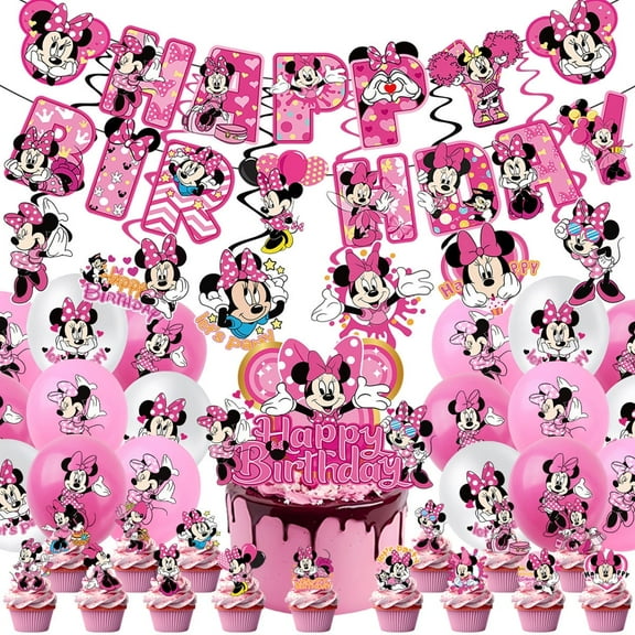 Cartoon Mickey Party Supplies Pack Includes，Banner，Cake Topper，Balloons for Cartoon Mickey party Decoration plates.