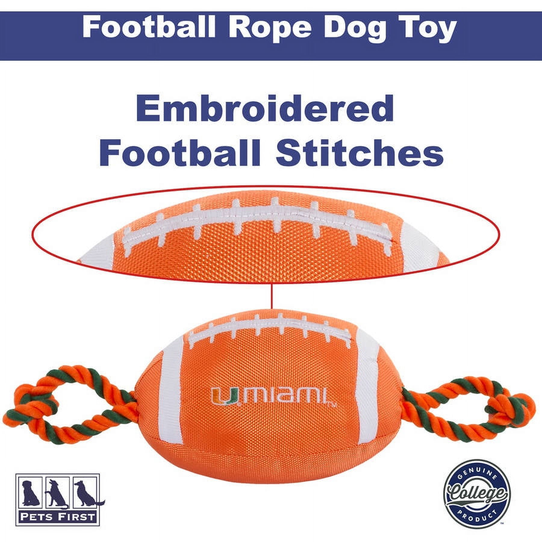 Pets First NCAA Miami Hurricanes Strong, Durable, Chewable Football Dog Toy with Inner Squeaker and Side Ropes, Officialy Licensed