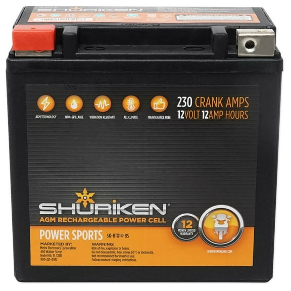 Metra SK-BTX14-BS AGM Battery 230 CCA Crank Amps 4 Boat/ATV/UTV/Cart/Motorcycle
