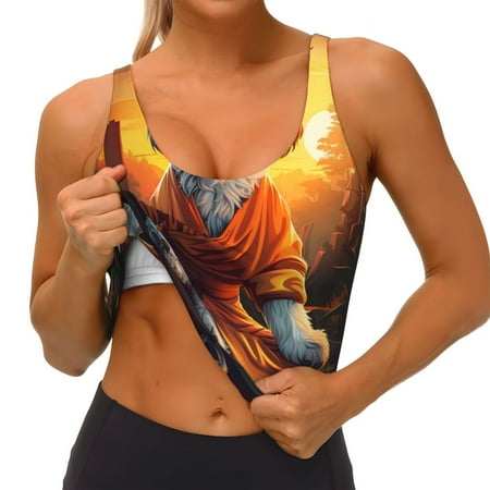 Qokaie Cartoon Puppy Sunset Pattern Womens Scoop Neck Sports Bra Breathable Workout Vest Padded U Back Medium Impact Fitness Gym Yoga Bra Workout Crop Top