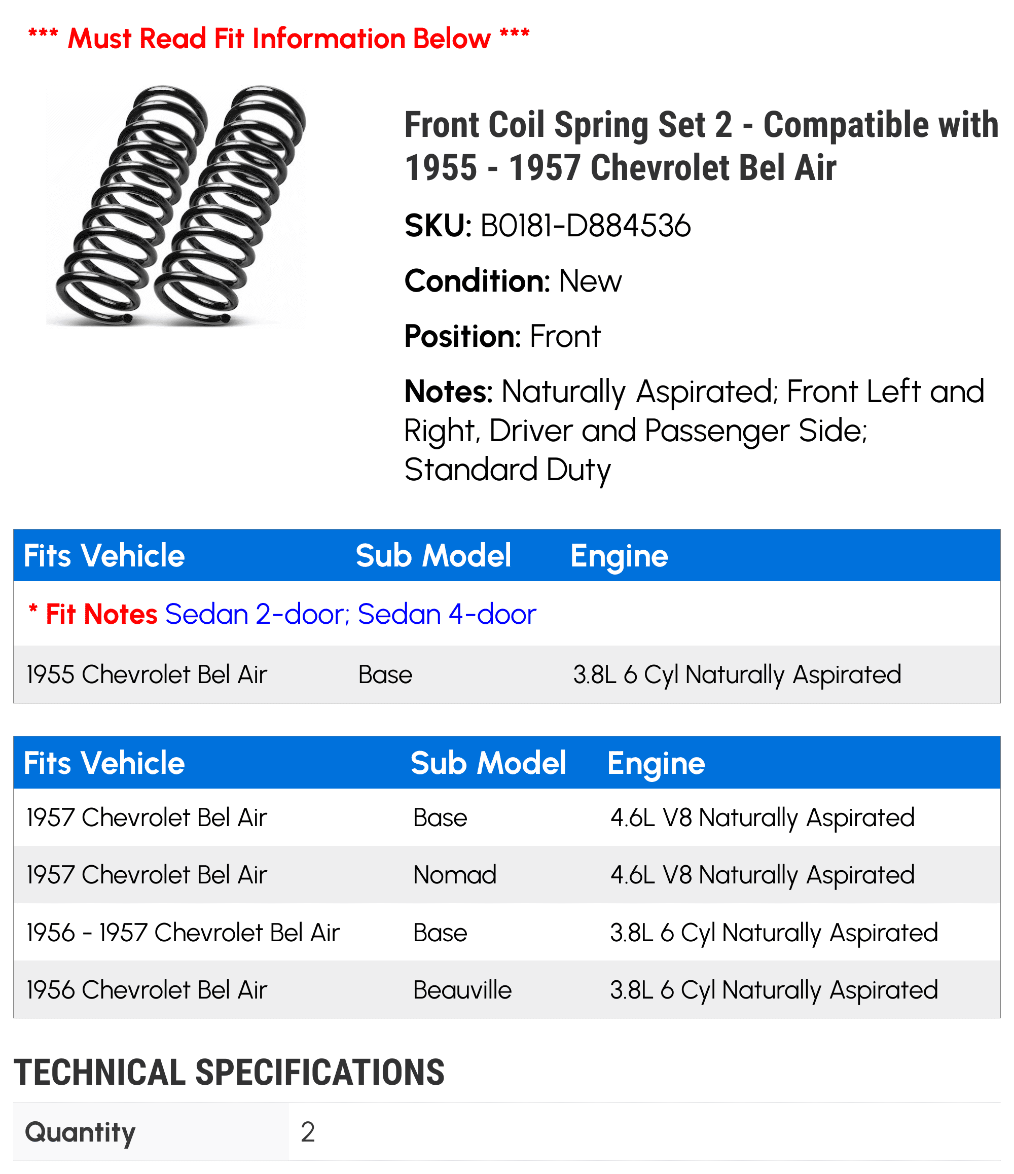 Front Coil Spring Set 2 - Compatible with 1955 - 1957 Chevy Bel Air 1956
