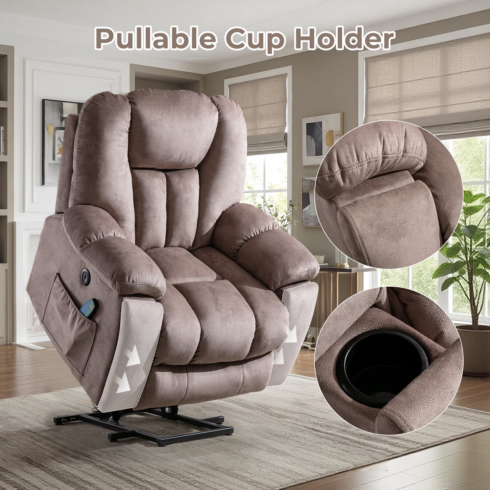 Ebello Large Power Lift Recliner Chair with Heat Massage, USB Ports - Ergonomic Recliner Chair for Elderly, Light Brown