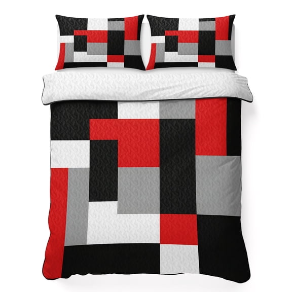 Twin Quilt Set 68''x86'', Red Black Grey Geometric Lightweight Summer Bedspread Coverlet Set with 2 Pillow Shams, Modern Abstract Art Luxury Breathable All Season Quilt Bedding for Dorm/Bedroom