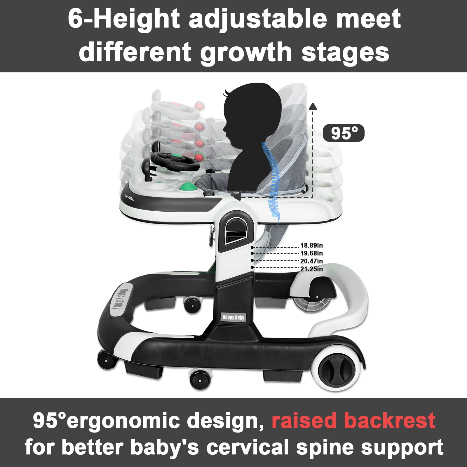 HAOUUCYIN 5-in-1 Baby Walker with Foot Pads/Handles for Girls Boys, Black