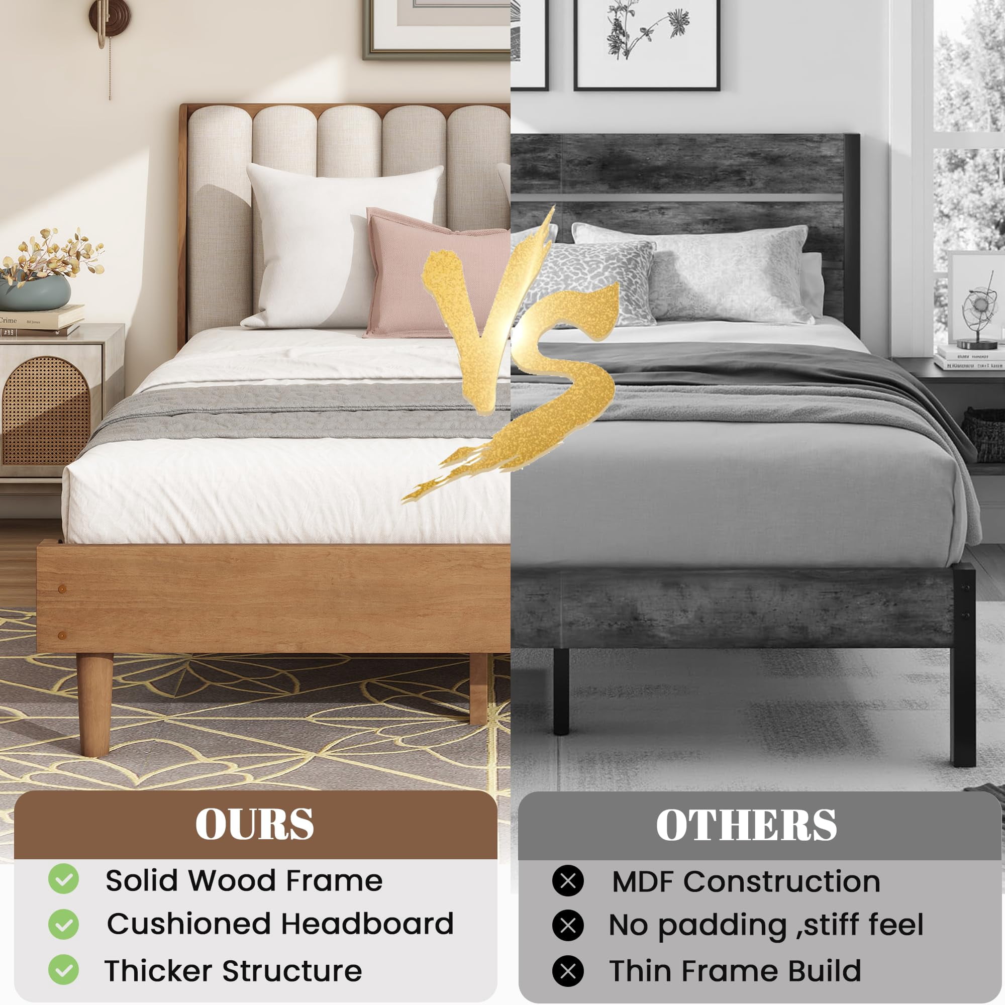 Wood King Size Bed Frame, Platform Bed King with Solid Rubber Wood Legs, Tall Upholstered Tufted Headboard, Wheat