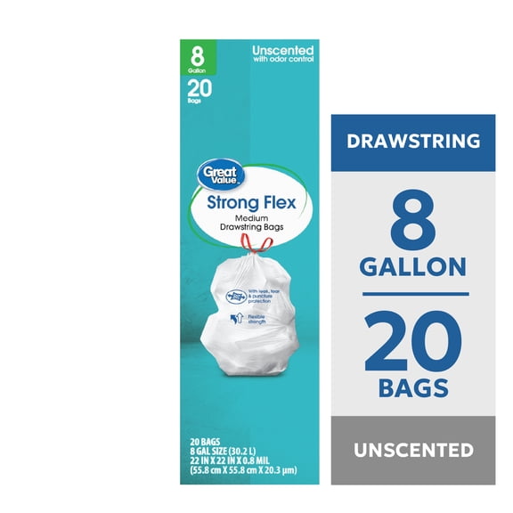 Great Value 8 Gallon Strong Flex Medium Drawstring Bags, 20 Bags