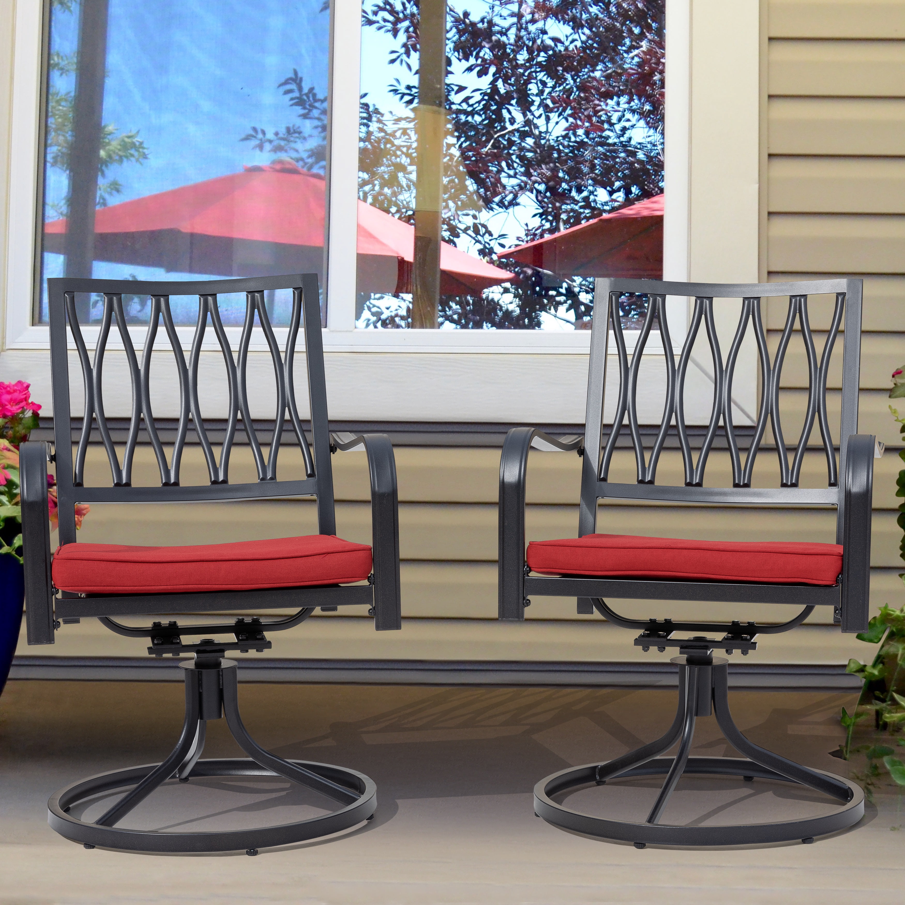 Nuu Garden Set of 2 Outdoor Patio Dining Chairs Metal Swivel Chairs with Padded Cushions,Iron Dining Rocker Chairs for Lawn Garden Backyard, Black&Red