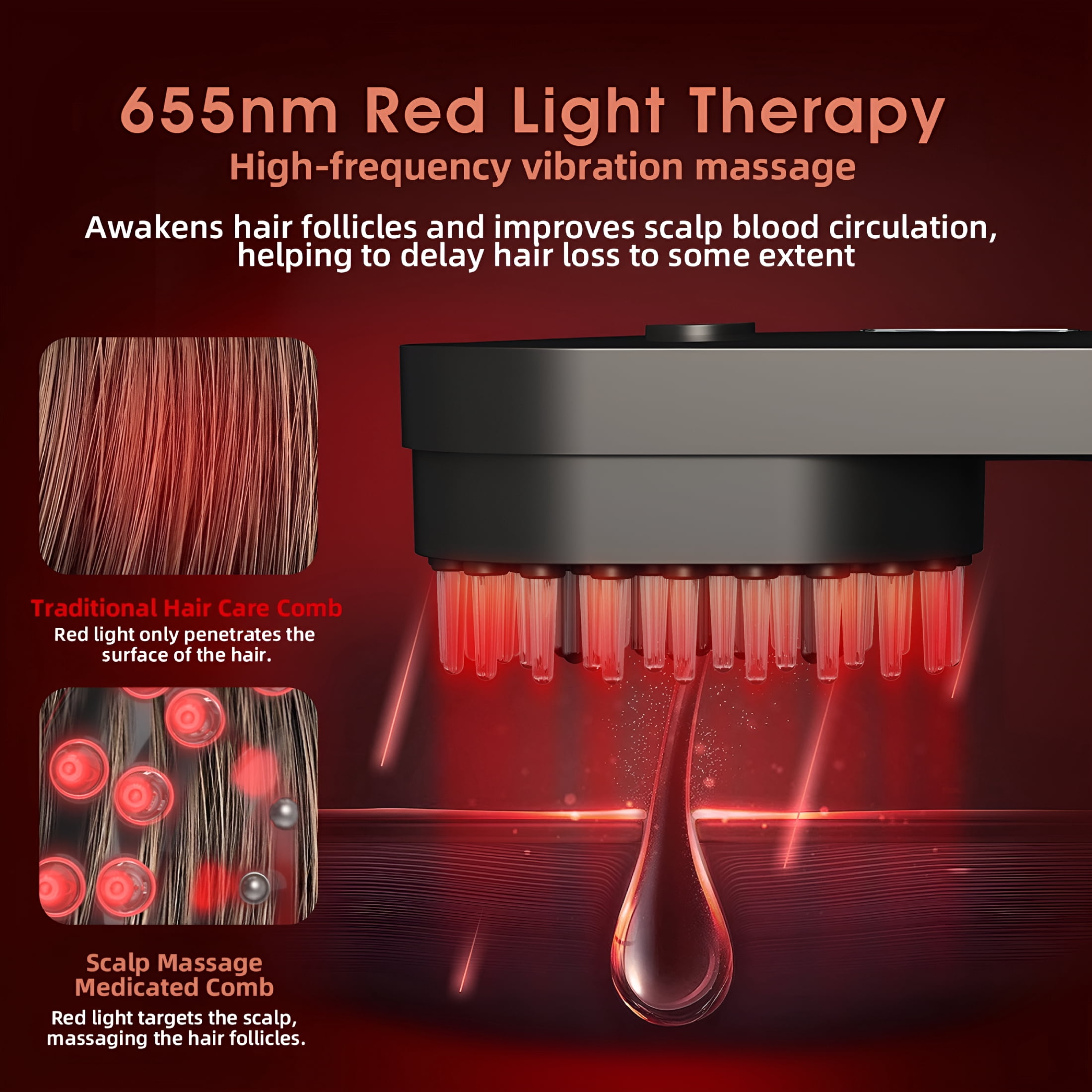 XIRQI 3-In-1 Electric Hair Oil Applicator Comb with Red Light Therapy,Handheld Scalp Massager,Hair Oil Applicator Red Light Therapy for Hair Growth (Pink)