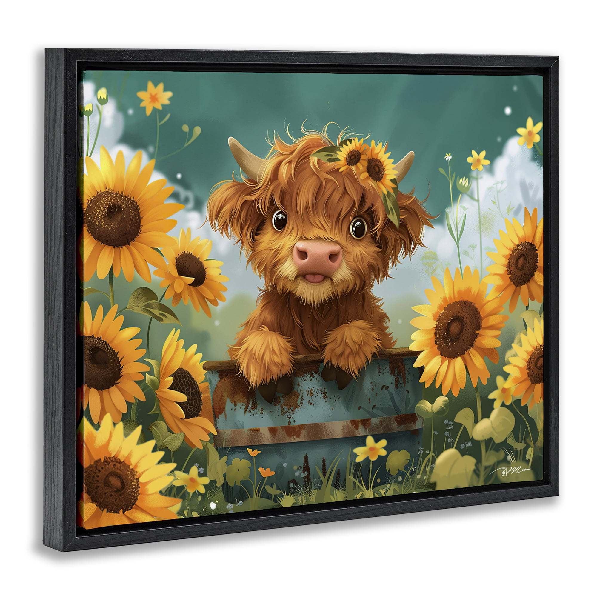 Cute Happy Highland Cow Black Framed Floater Canvas Wall Art, design by Momart