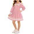 thumbnail image 2 of Girls Knit Dress Long Sleeve Peter Pan Collar A Line Dress Little Girl Cute Ruched Waist Preppy Outfits for Back to School Pink 7-8 Years, 2 of 7