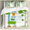 Nursery Queen Size Duvet Cover Set, Funny Cute Jungle Creatures Balancing on Each Other Animal Tower in Forest, Decorative 3 Piece Bedding Set with 2 Pillow Shams, Green Blue Orange, by Ambesonne
