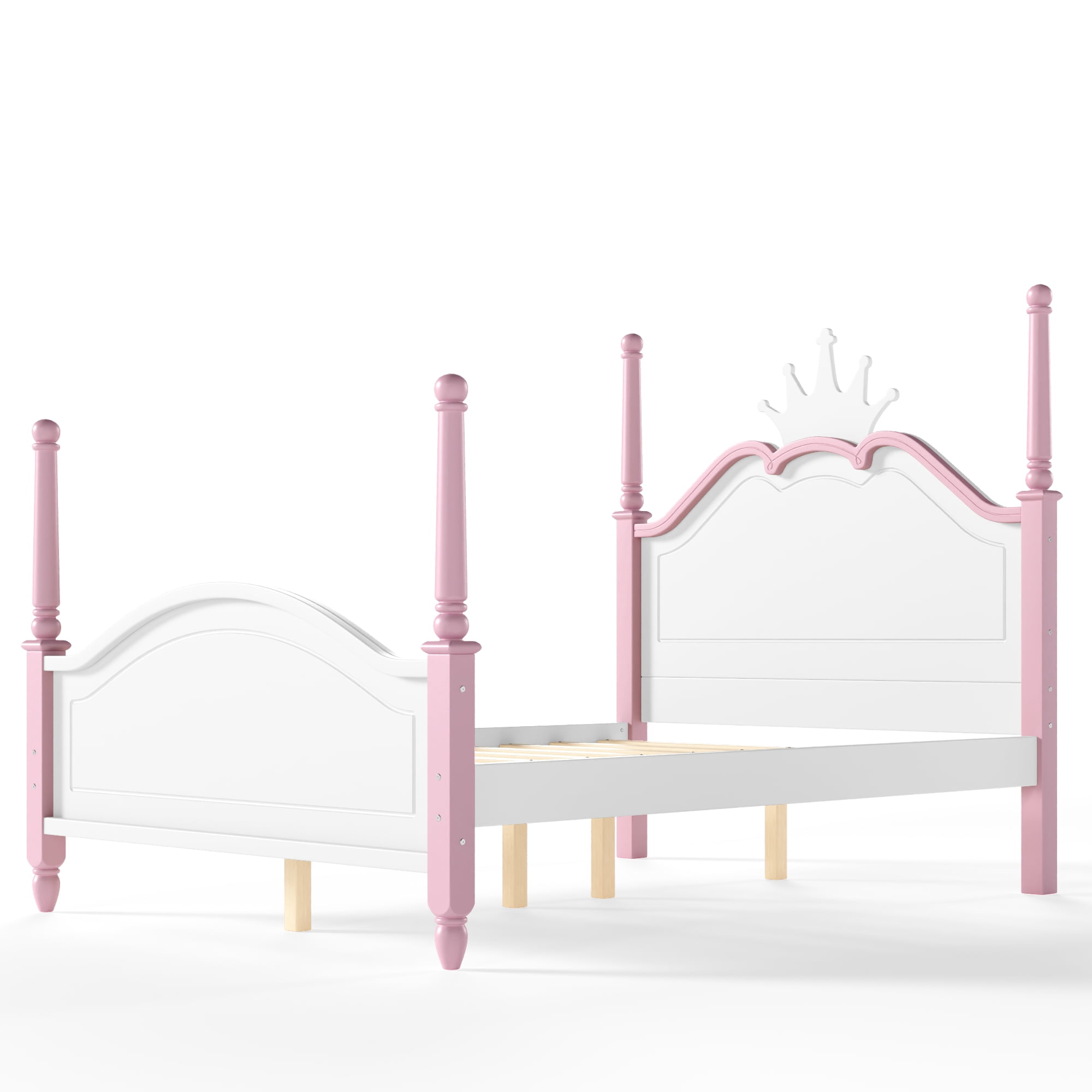 GARITIN Full Size Crown Shaped Platform Bed, Four Poster Wooden Bed Frame, Elegant Curved Headboard Bed Frame for Bedroom Guest Room, White&Pink