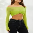 thumbnail image 3 of Women Off Shoulder Long Sleeve Top Mesh Ruched Slim Fit Crop T Shirt Sheer Blouse, 3 of 5