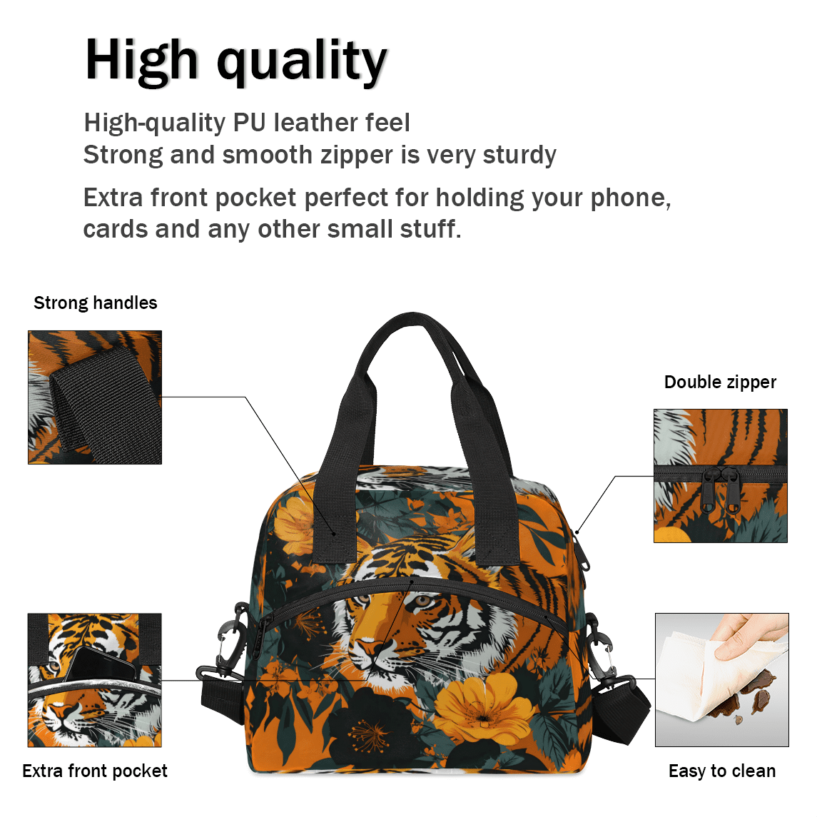 Herdesigns Tiger Insulated Lunch Bag for Women Men Adults Large Reusable Lunch Box Animal Leakproof Cooler Tote Bags with Adjustable Shoulder Strap