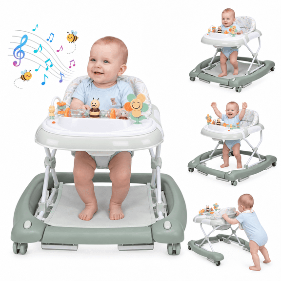 PRVAETU 5 in 1 Baby Walker for Boys Girls,Rocking,Push,Trampoline Bouncer,Foldable,Music & Light,Height Adjustable,Wheels for 6-18Months Infants,Green