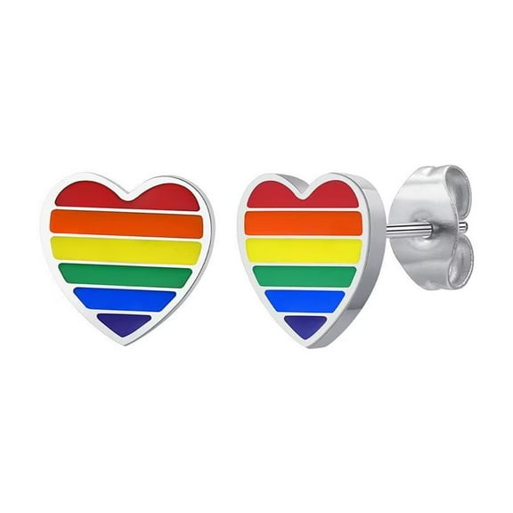 HIJONES Women's Stainless Steel Rainbow Striped Heart Gay Lesbian LGBT Pride Stud Earrings Small Size