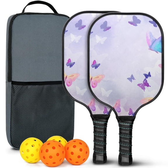 Pickleball Paddles Set Of 2, Fiberglass Surface, Vintage Floral & Butterfly, 4 Balls & Bag