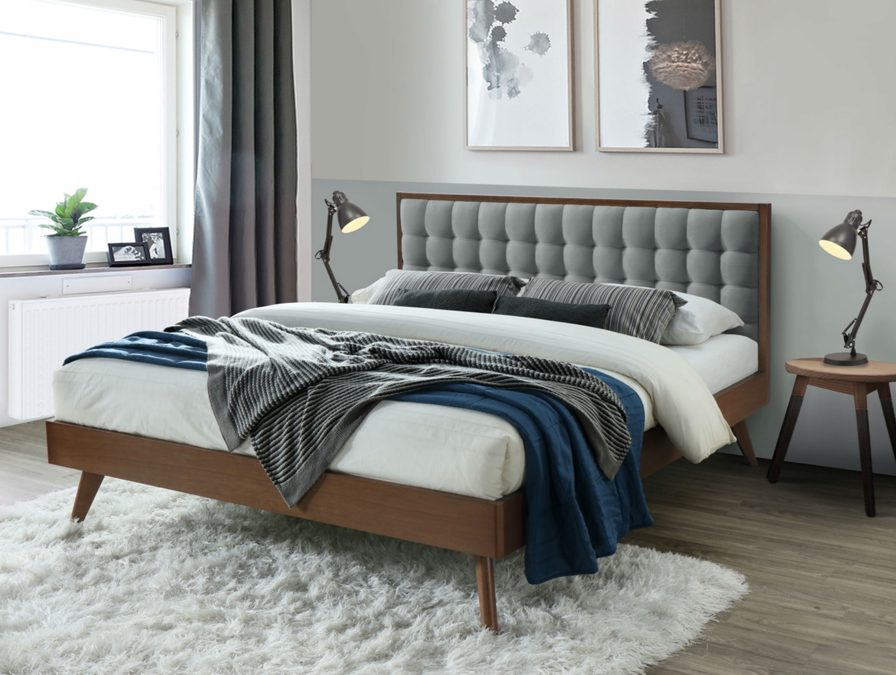 Dg Casa Soloman Mid Century Modern Tufted Upholstered Platform Bed Frame King Size In Grey Fabric Walmart Com Walmart Com
