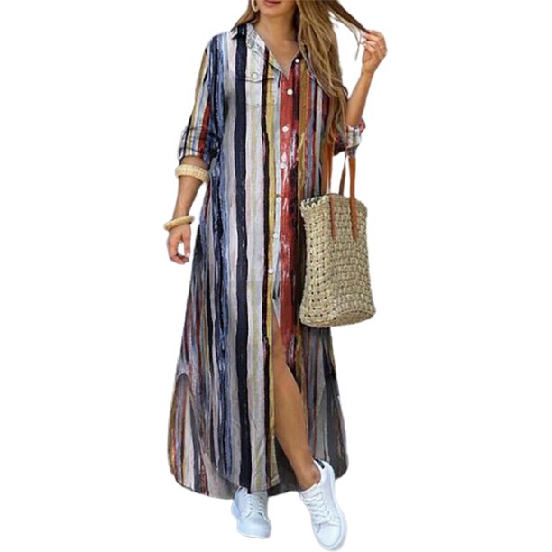 KZKR Maxi Shirt Dress for Women's Rolled Sleeve Button Down Henley Neck Long Dress
