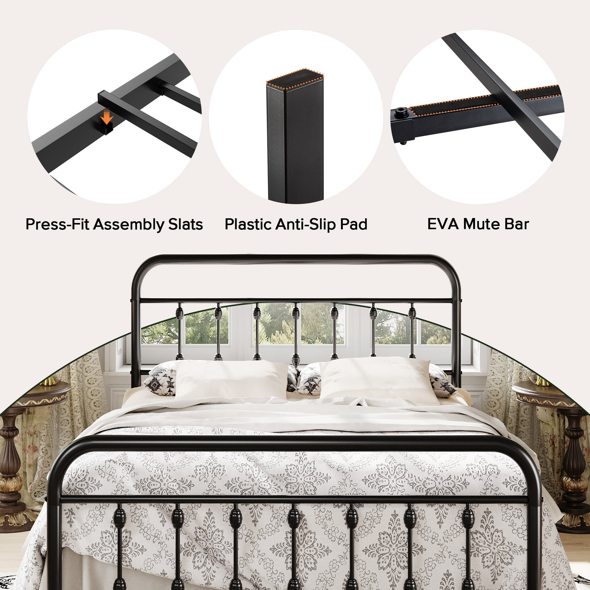 Einfach Full Bed Frame, Metal Platform Bed with Vintage Headboard, No Box Spring Needed, Heavy Duty, Black