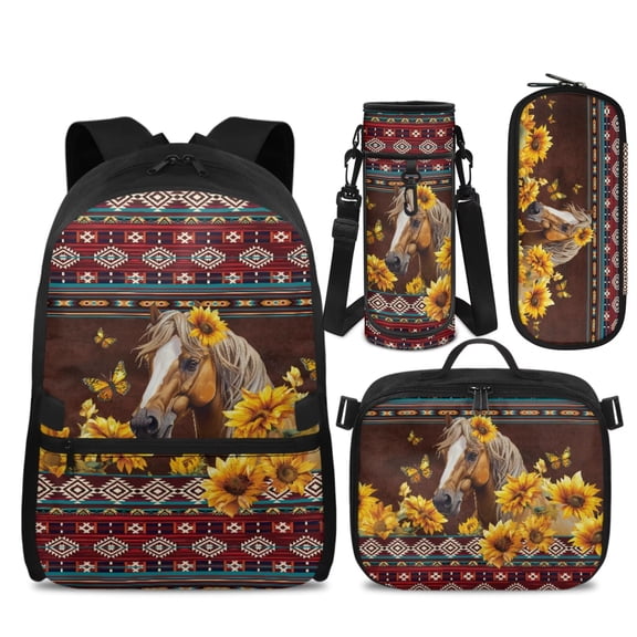 Yspwyqan Kids Backpack Set with Lunch Box Pencil Case Water Bottle Bag, Aztec Tribal Sunflower Horse Double Zipper Lightweight Bags Fits 14" Laptop for Elementary Middle School