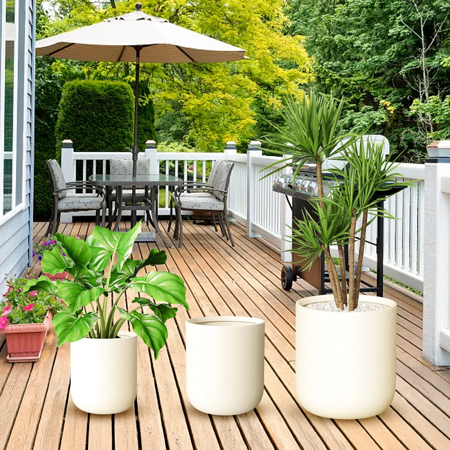 FOUKUS Set of 3 Concrete-Like Round Planters, Beige
